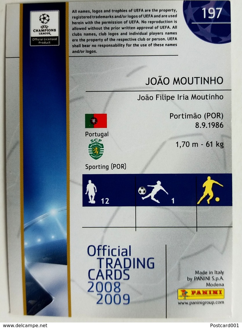 Joao Moutinho (Portugal) Team Sporting (Portugal) - Official Trading Card Champions League 2008-2009, Panini Italy - Singles (Semplici)