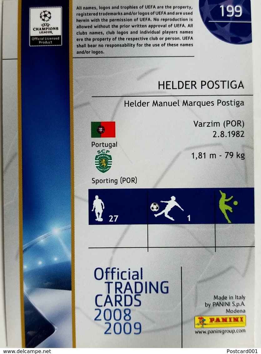 Helder Postiga (Portugal) Team Sporting (Portugal) - Official Trading Card Champions League 2008-2009, Panini Italy - Singles (Semplici)