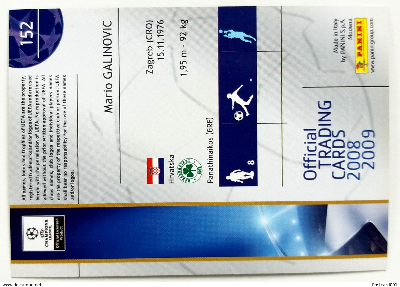 Mario Galinovic (Croatia) Team Panathinaikos (GRE) - Official Trading Card Champions League 2008-2009, Panini Italy - Singles (Simples)