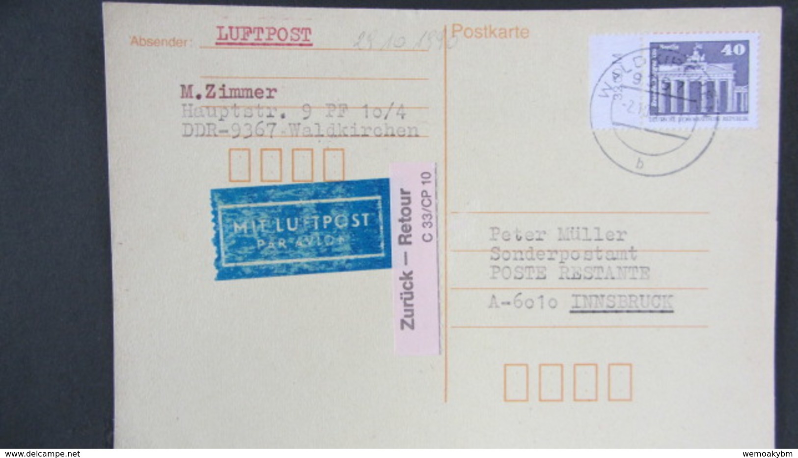 DDR WU: A-Luftpost-Karte Vom 2.10.90 Letzttag Der DDR Mit 40 Pf Brandenburger Tor Mit Li. Rand Nach Innsbruck Knr: 2541. - Storia Postale