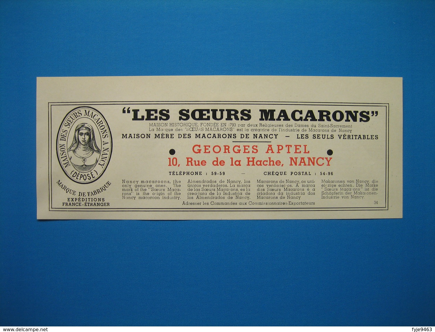 (1937) Fabrique De Fruits Confits - NOËL CRUZILLES - Clermont-Ferrand -- " LES SOEURS MACARONS " - Georges APTEL à Nancy - Non Classés