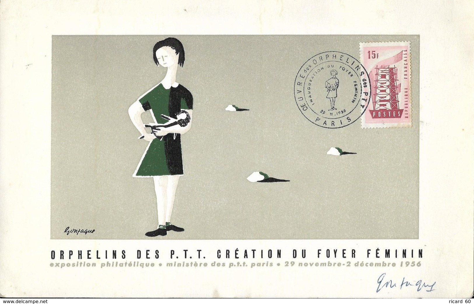 Carte Oeuvre Des Orphelins De La Poste, Foyer Féminin, 29/11/1956, Timbre Europa, Signée Gonzague, Numéro 07138 Au Dos - 1950-1959