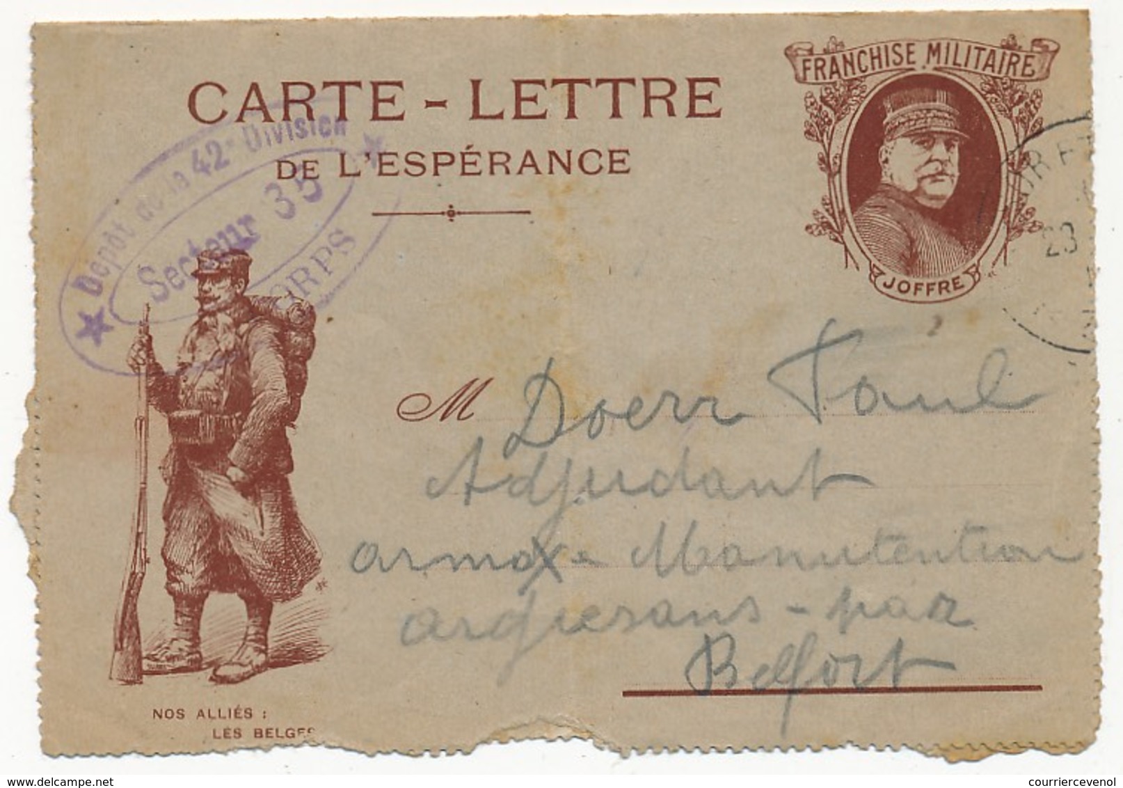 Franchise Militaire - Carte-lettre De L'Espérance - Simili Joffre - Nos Alliés Les Belges / Cachet Adm Dépot 42eme Div - Briefe U. Dokumente