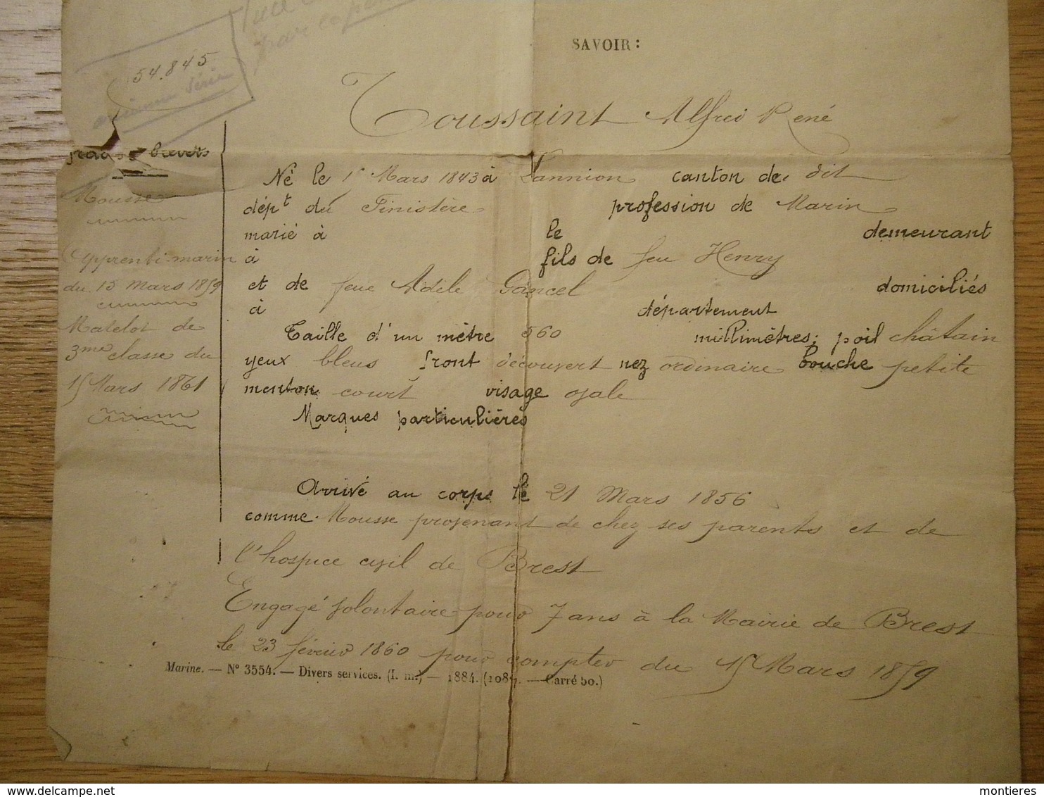 Etats De Services Marin Alfred Toussaint - Marine Et Colonies Port De Brest 17 Avril 1886 - Barche