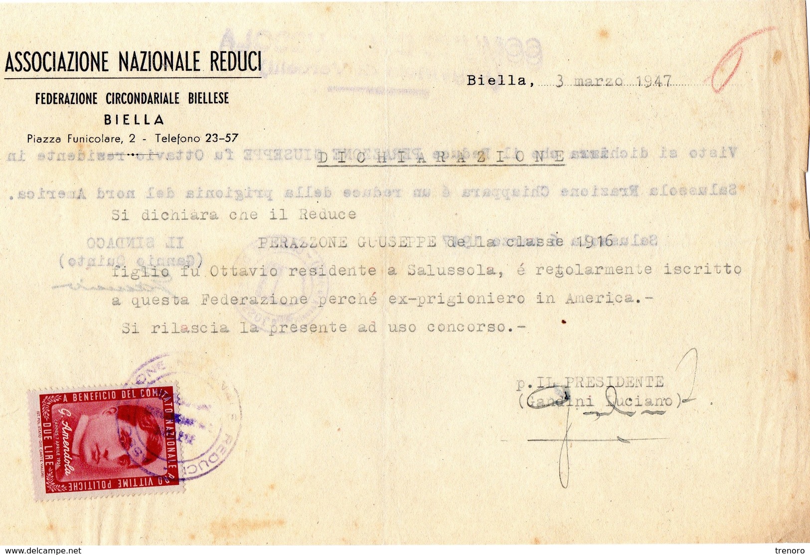 FRANCOBOLLO VITTIME POLITICHE - G.AMENDOLA - £. 2 - 3.3.1947 - Fiscali