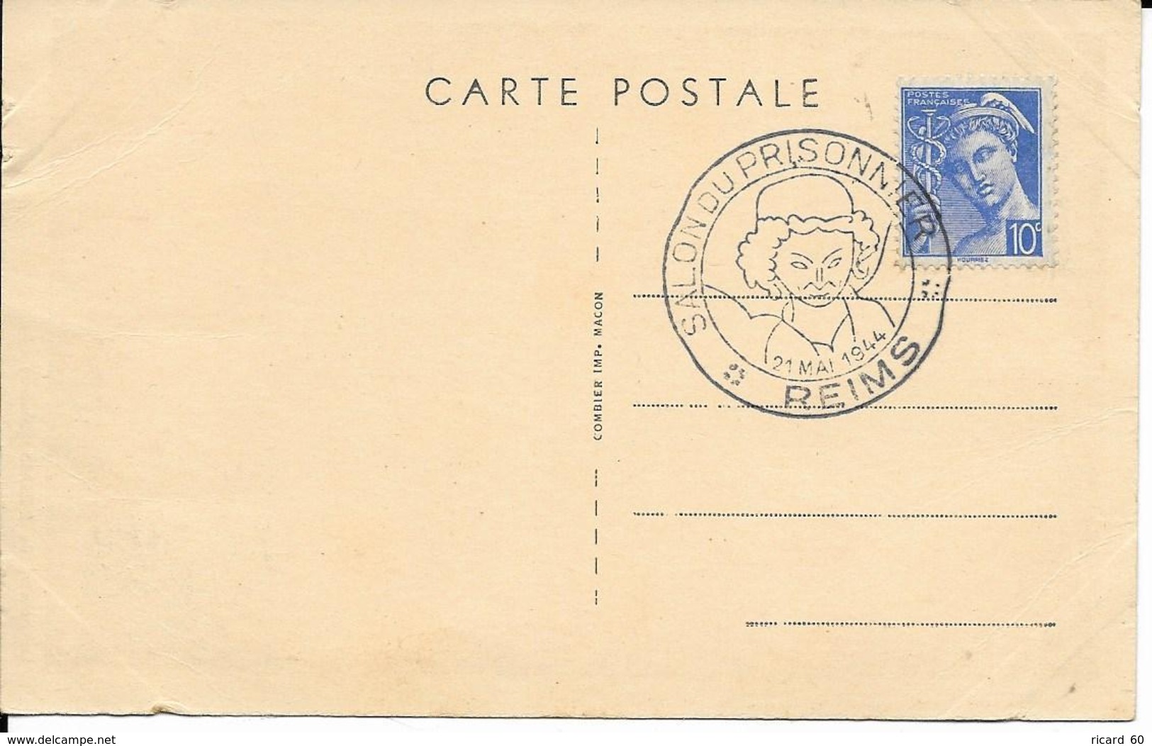 Carte Salon Du Prisonnier à Reims  , Timbres N°546-7yt, Mercure, Sourire De Reims, 21/5/1944, Timbre Et Cachet Au Dos Id - 1940-1949