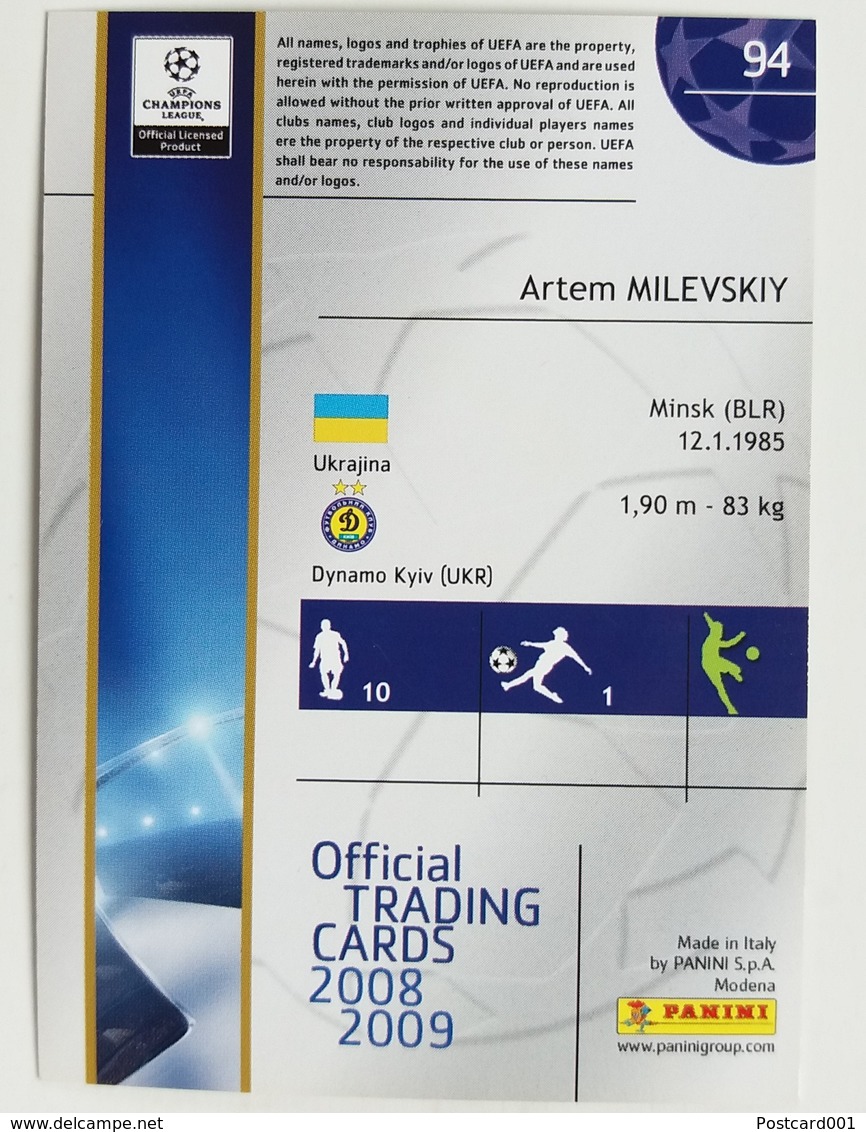 Artem Milevskiy (BLR) Team Dynamo Kiev (UKR) - Official Trading Card Champions League 2008-2009, Panini Italy - Singles (Semplici)