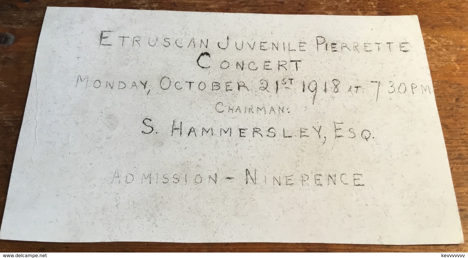 Etruscan Juvenile Pierrette Concert, Monday, October 21st 1918 At 7.30pm.  Chaiman S. Hammersley, Esq.  Admission - 9d - Entertainers
