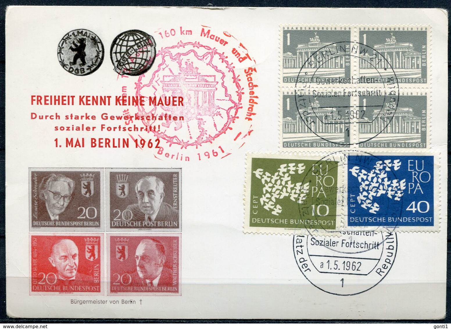 Germany,Berlin 1962 Sonderbeleg BERLINER MAUER Mit Mi.367/68 Und Gesuchten Mauerstempel Und SST" Berlin "1 Karte - Autres & Non Classés