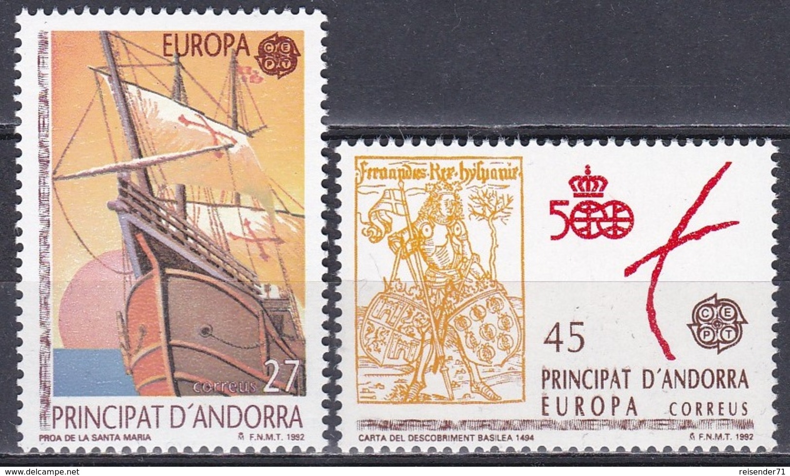 Andorra Spanisch Spain 1992 Europa CEPT Entdeckungen Amerika Schiffe Ships König King Ferdinand Aragonien, Mi. 226-7 ** - Unused Stamps
