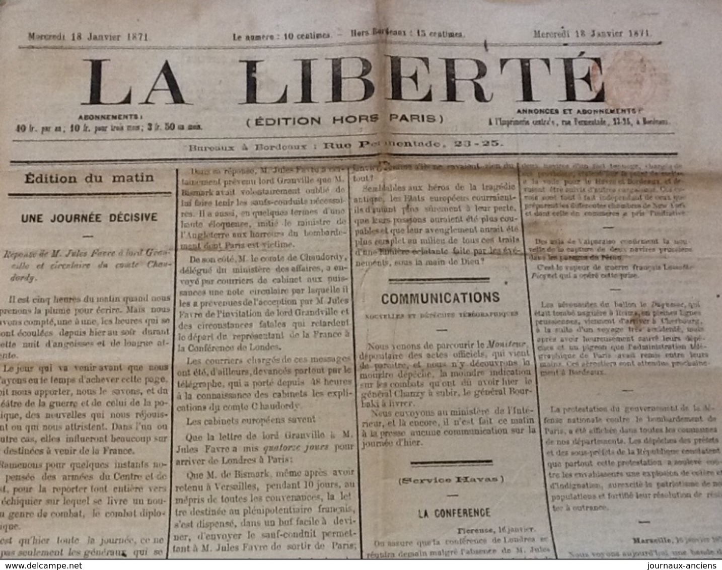 1871 Journal LA LIBERTÉ Du 18 Janvier - GUERRE DE 1870 - UNE JOURNÉE DÉCISIVE - SIÈGE DE PARIS - CAMP DE CONLIE - PIGEON - 1850 - 1899