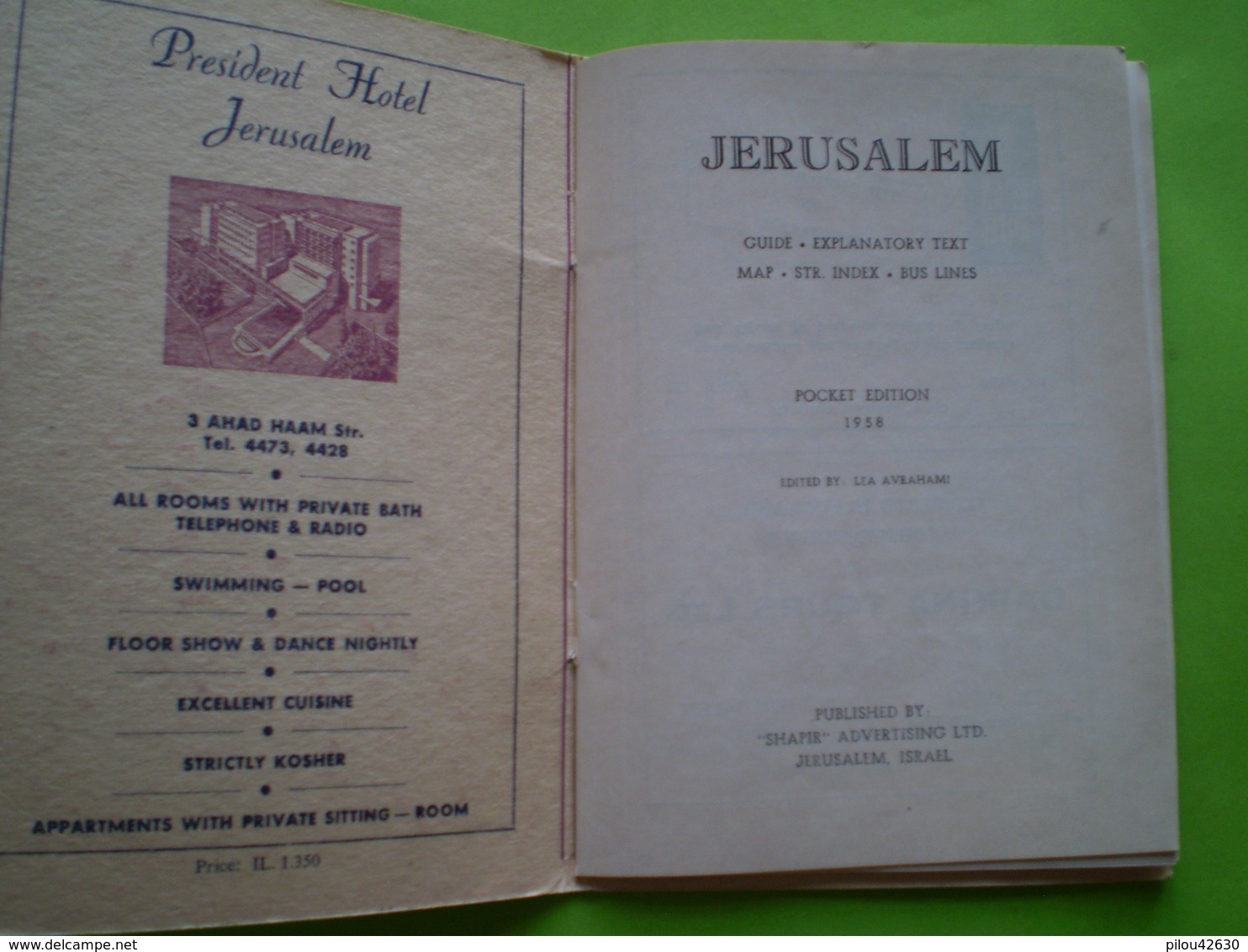 Jérusalem 1958 :map, Str.index, Bus Lines Guide ;explanatory Text; Publicités, Plan Avec Index Rues,places,bus .... - Cultural