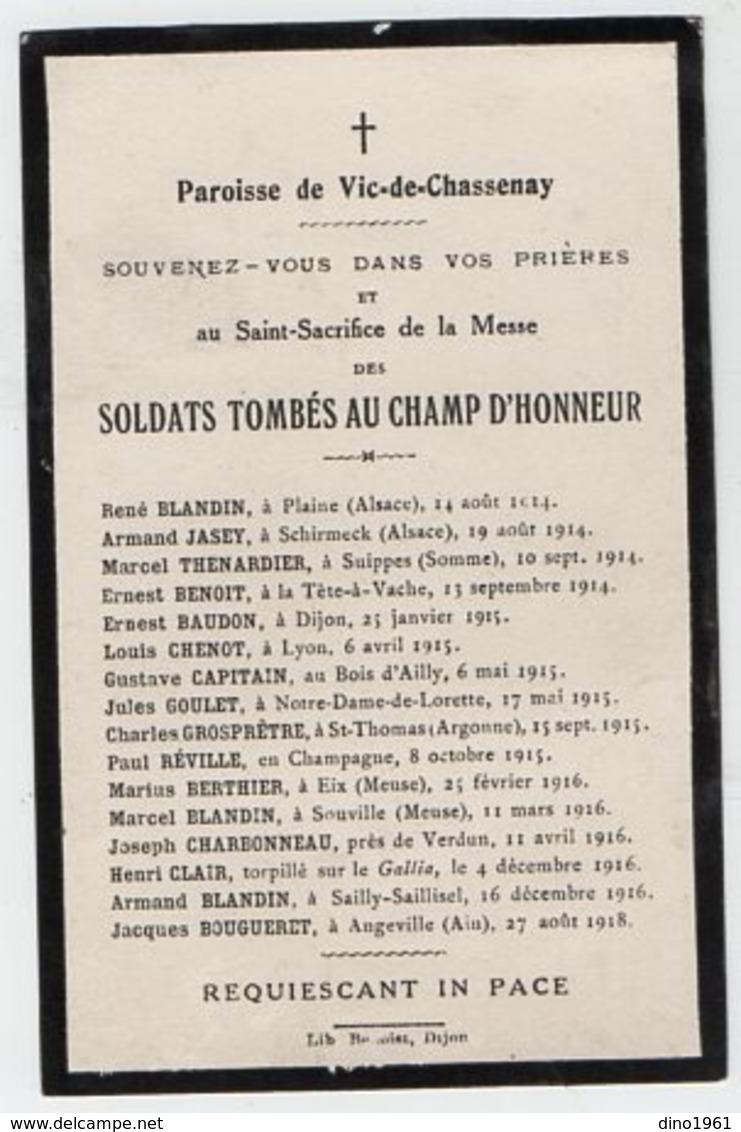 VP14.604 - MILITARIA - Faire - Part De Décès - Soldats Tombés Au Champ D'Honneur - Paroisse De VIC - DE - CHASSENAY - Décès