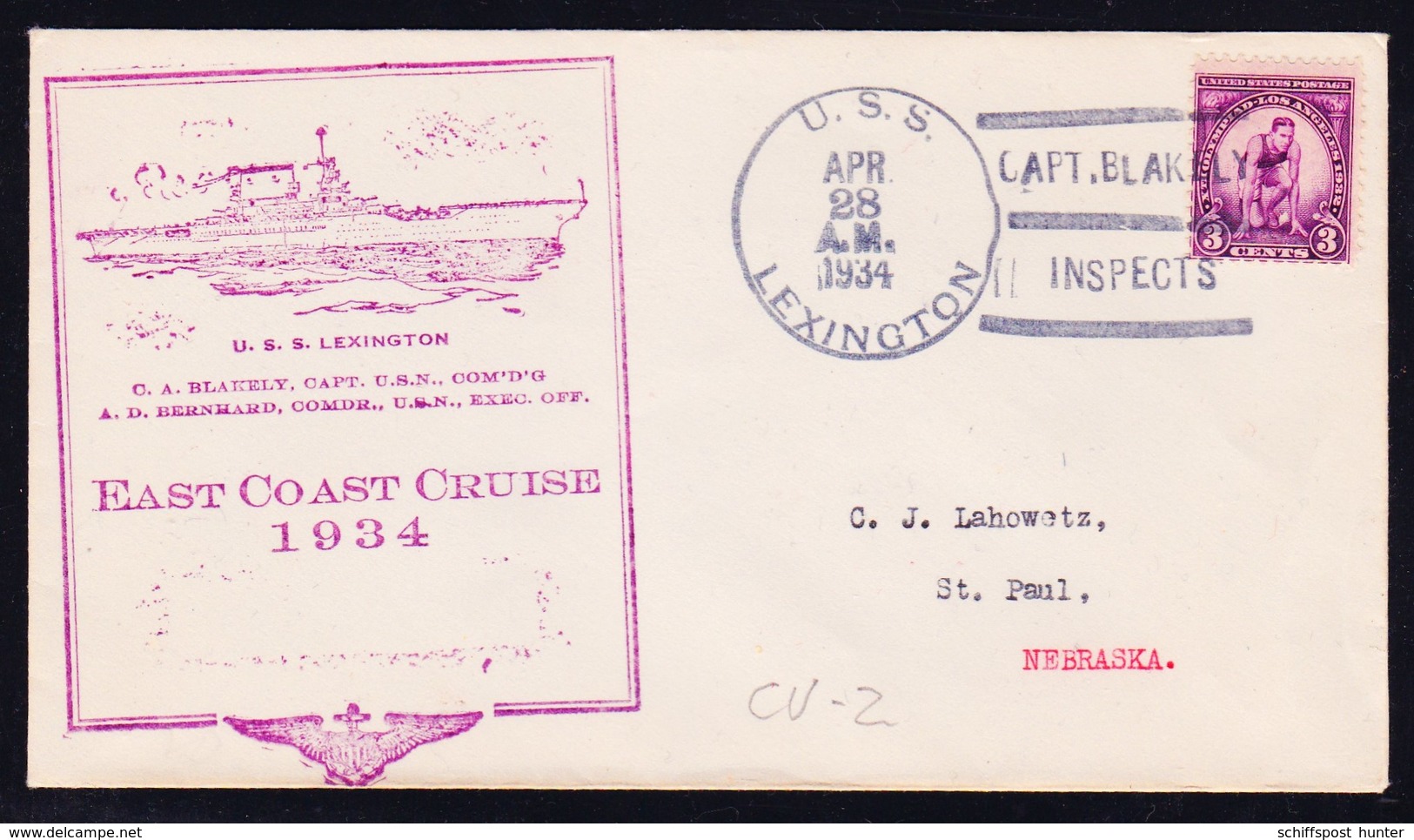 US Navy, USS"LEXINGTON" (CV-2)1934,"Cruise-CACHET" SUNK 1934 !! LOW PRICE !! Look Scan !! 14.11-98 - Boten