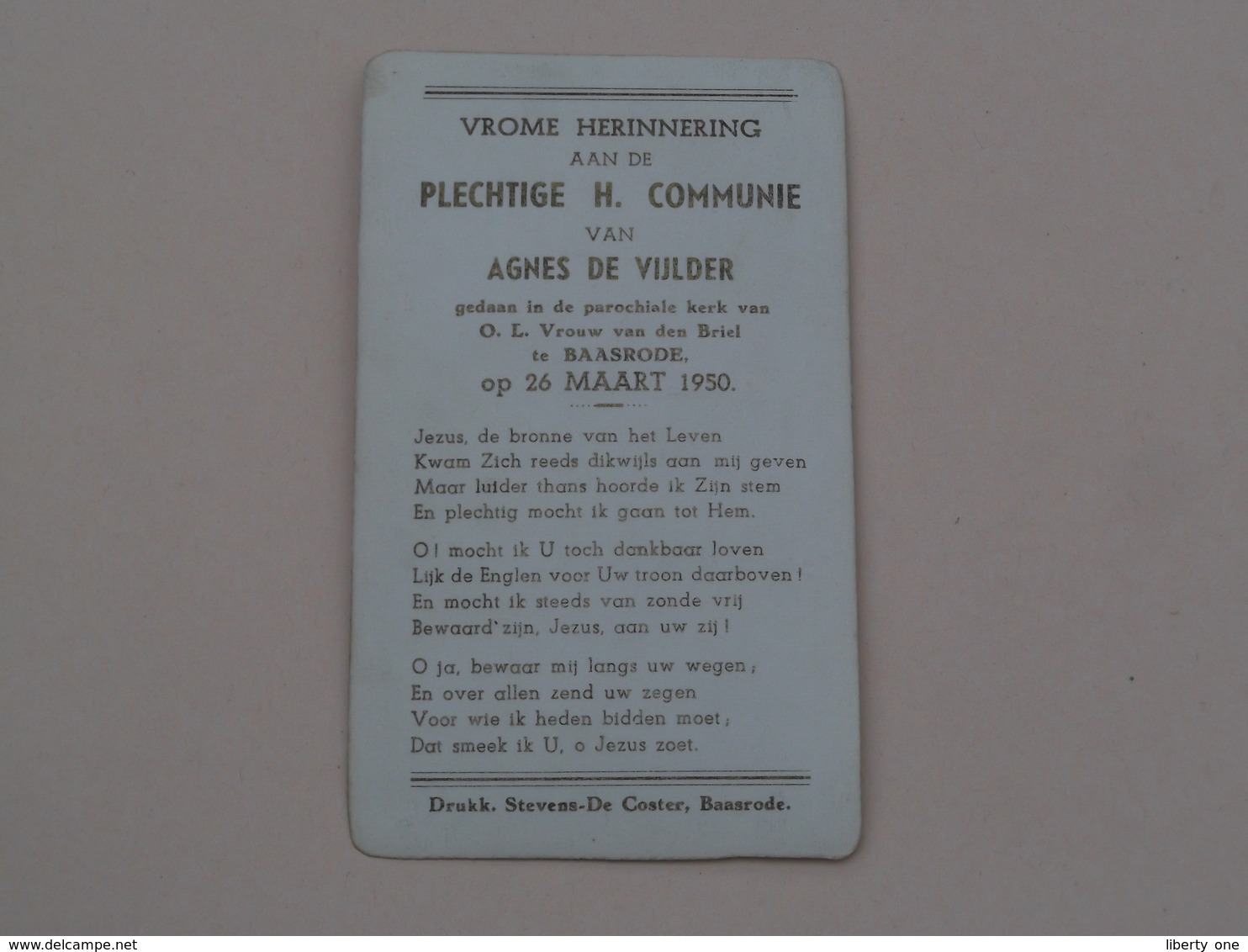 H. Communie Van Agnes De VIJLDER > Parochiale Kerk O.L.Vr V/d Briel Te BAASRODE Op 26 Maart 1950 ( Druk. Stevens ) ! - Communion