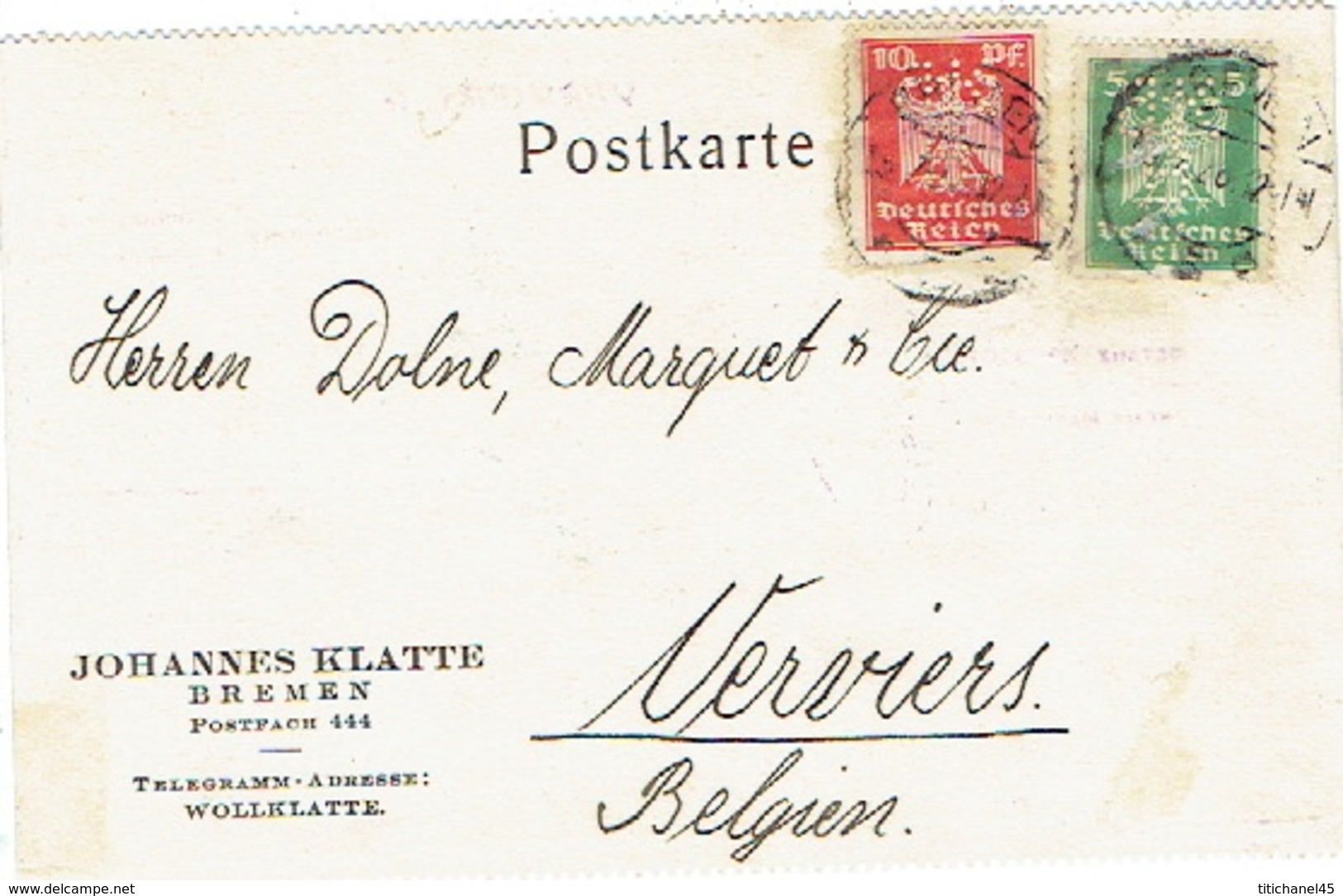 DR Perfin Firmenlochung Postkarte 1926 JOHANNES KLATTE BREMEN - Briefe U. Dokumente