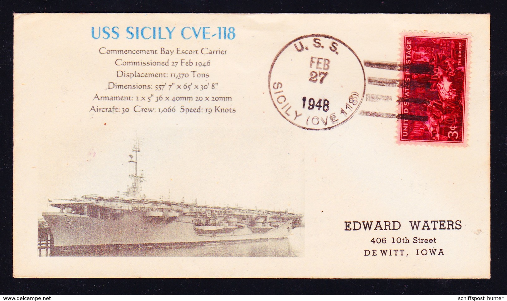 US Navy, USS " SICILY" (CVE-118)1948," Photo-Cachet" !! LOW PRICE !! Look Scan !! 14.11-94 - Bateaux