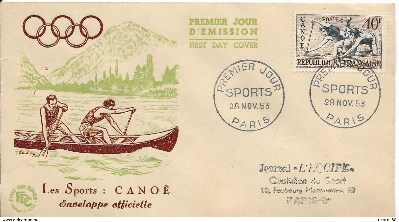 Env Fdc France, 28/11/1953 Paris N°963 Yt, Sports, Canoë - 1950-1959