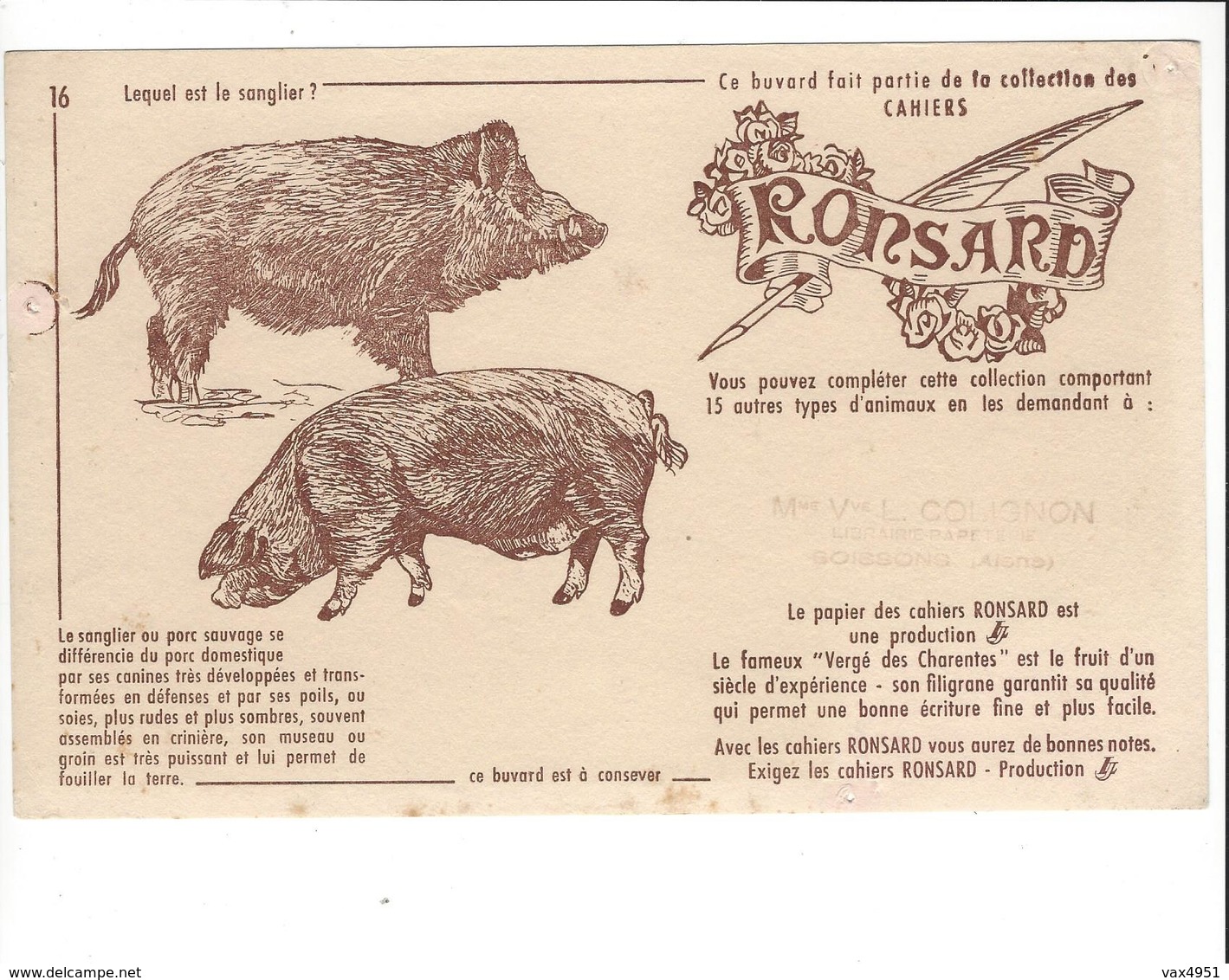 BUVARD  CAHIERS RONSARD   SANGLIER   ****    RARE  A   SAISIR  **** - Papierwaren