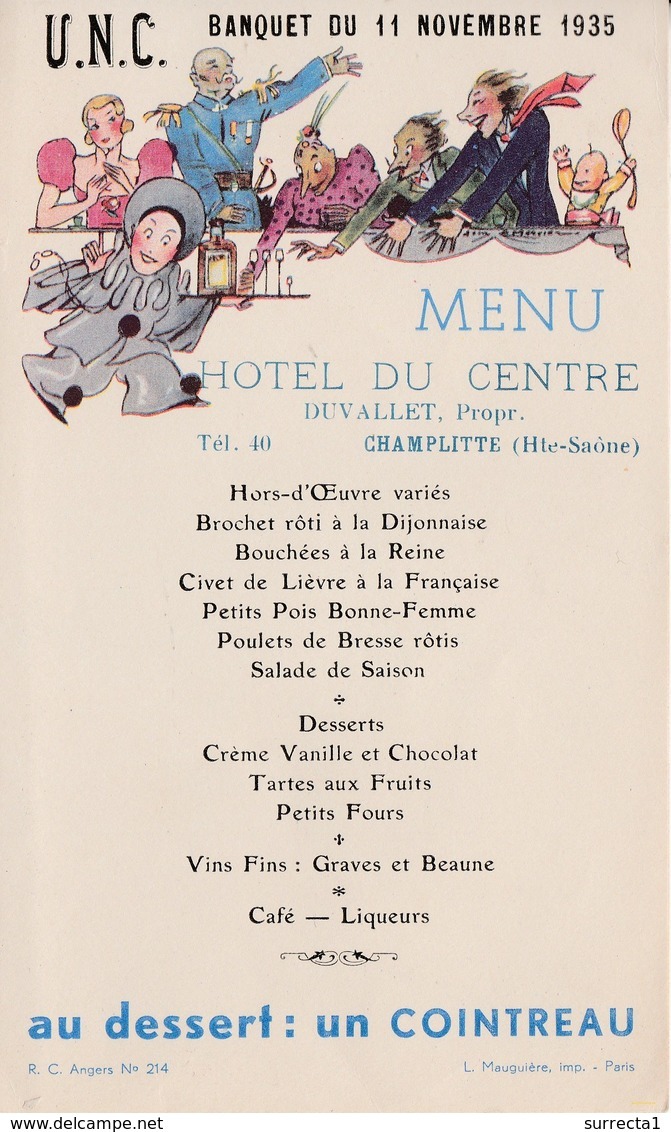 Menu  Publicité Cointreau / UNC Union Nationale Combattants / 11 Novembre 1935 / Clown / Hôtel Du Centre / 70 Champlitte - Menus