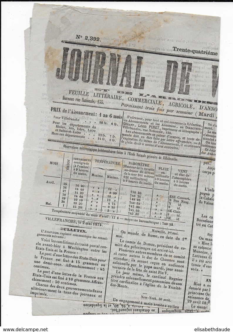 1874 - CERES 2c  Sur JOURNAL NON POLITIQUE "JOURNAL De VILLEFRANCHE" (RHONE) - FEUILLE COMPLETE ! - 1849-1876: Periodo Clásico