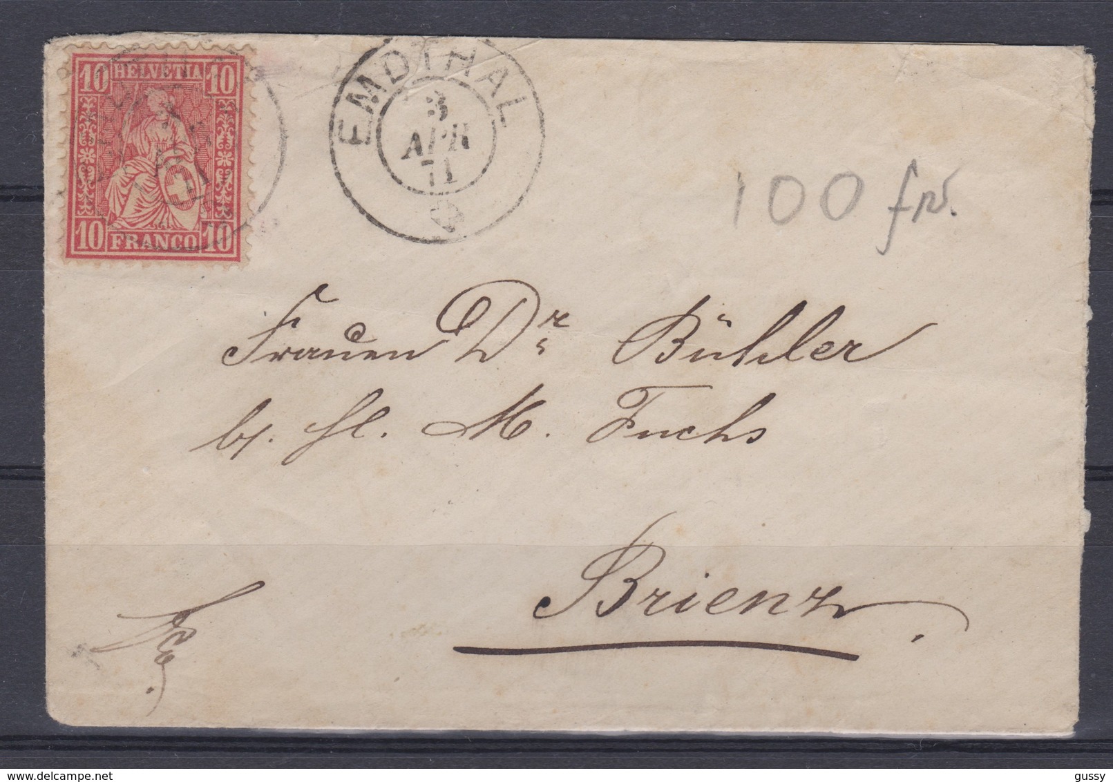 SUISSE 1871:    Lettre Mignonnette De Emdthal à Brienz - Brieven En Documenten