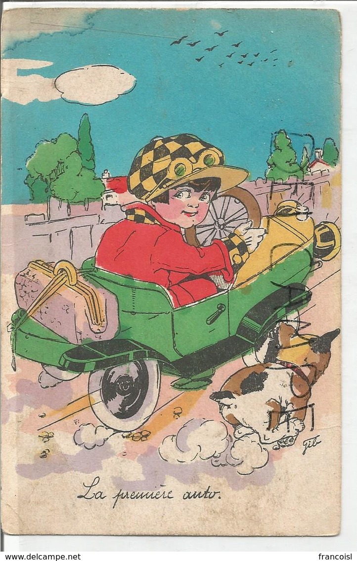 Jeune Fille En Automobile. Bouledogue Français. Signée Gil - Scenes & Landscapes