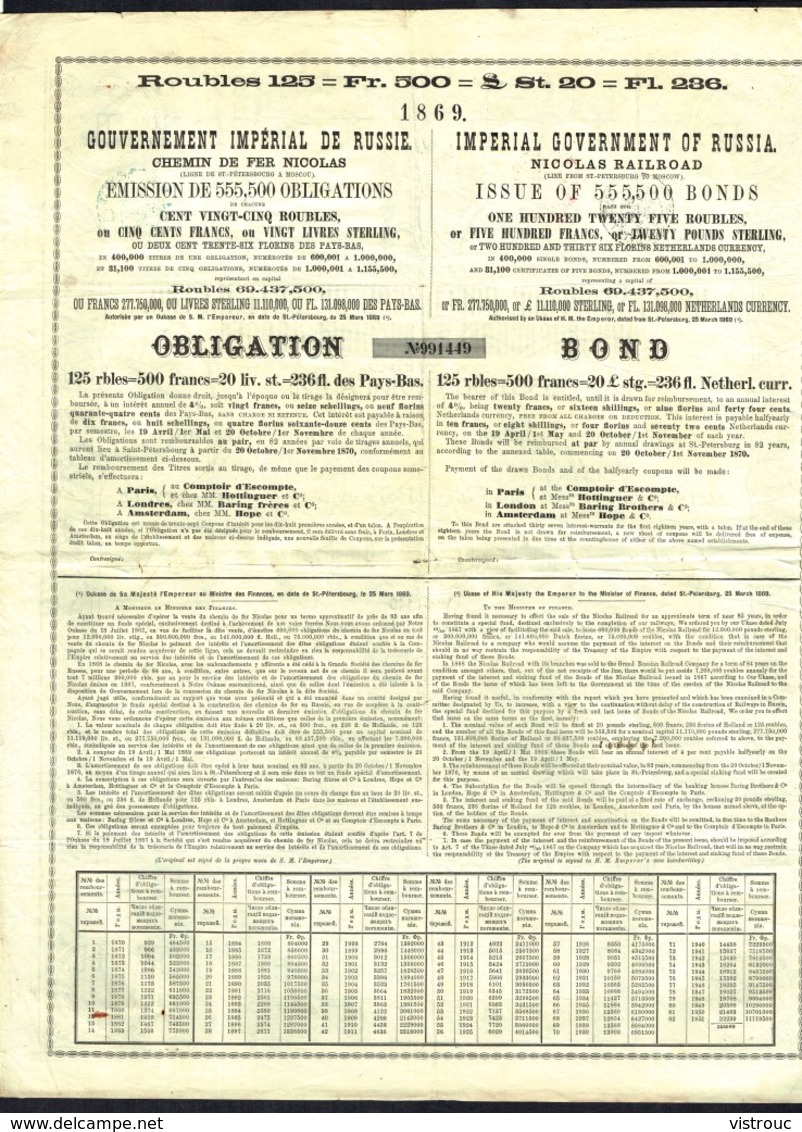 Gouv. Impérial De Russie - Chemin De Fer NICOLAS - Obligation De 125 Roubles - 400.000 EA - 1869. - Chemin De Fer & Tramway