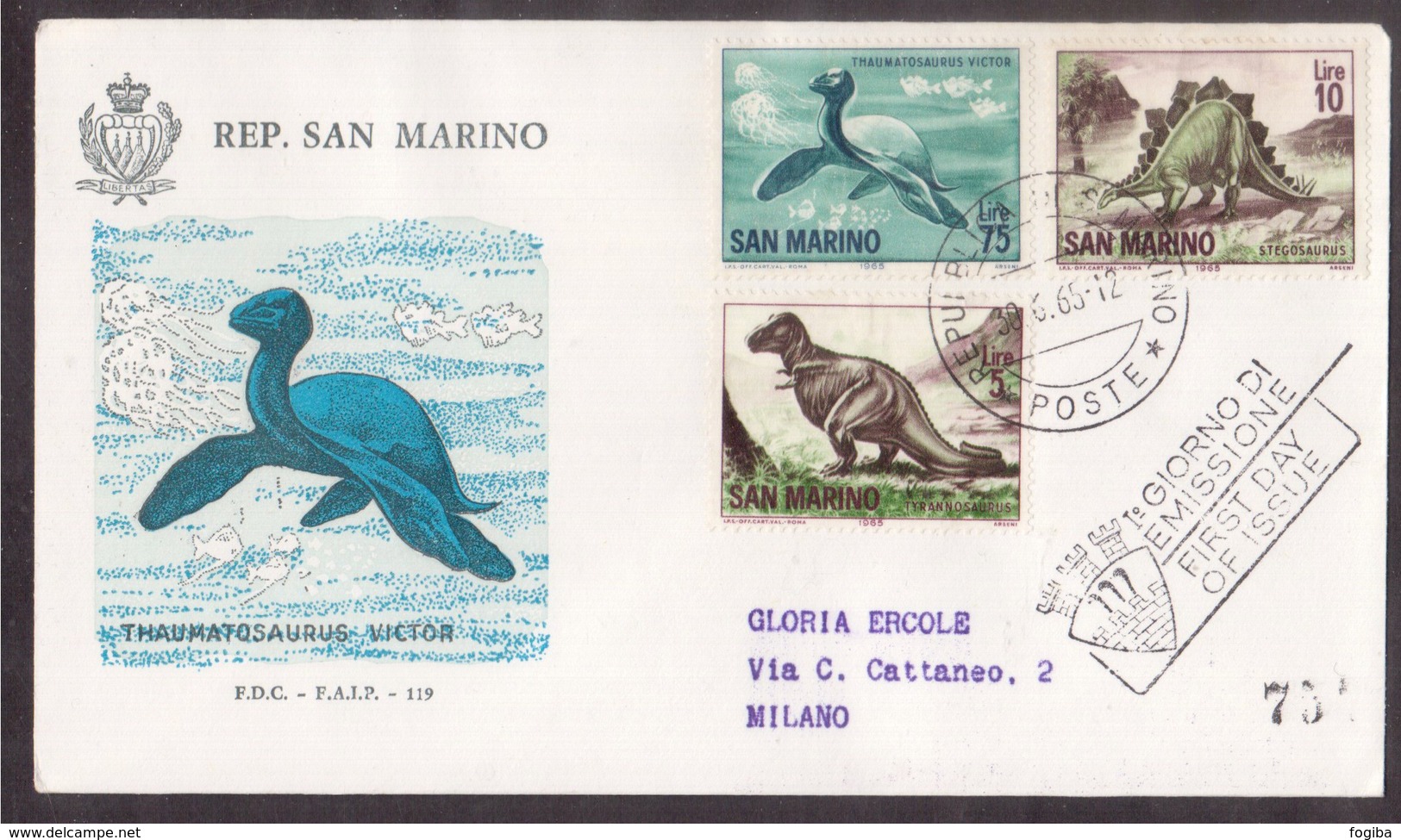 YN102   San Marino, Circuled Card FDC 1965  Dinosaur Prehistoric Animals - Preistoria