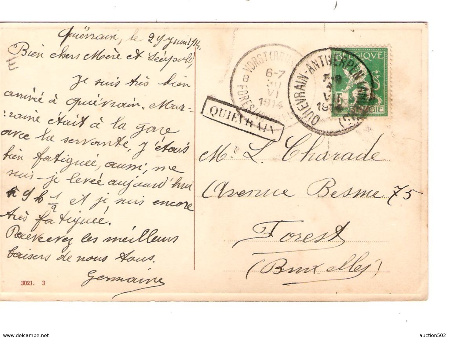 PR6380/ TP 110 S/CP Fantaisie C.Ambulant Quiévrain-Antwerpen(Anvers) 1914 + Griffe Quiévrain V.Forest C.d'arrivée - Linear Postmarks