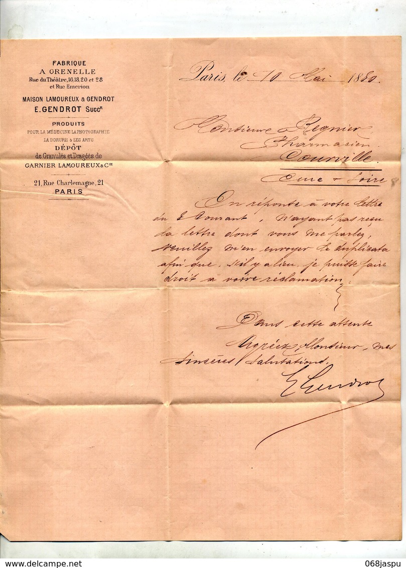 Lettre Cachet Paris Sur Sage + Convoyeur Paris à Chartres Entete Maison Gendrot Fourniture Medecine Photographie - 1877-1920: Période Semi Moderne