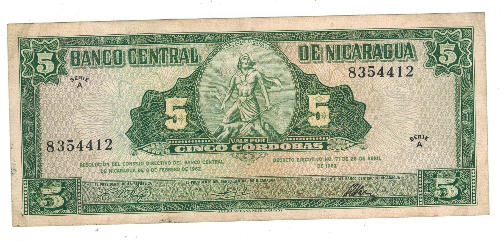 Nicaragua 5 Cordobas 1962, VF/XF. - Nicaragua