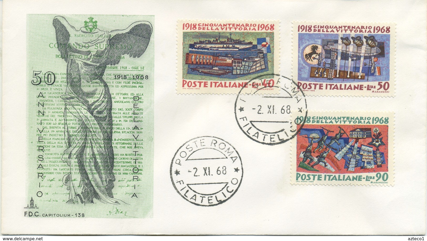 ITALIA - FDC  CAPITOLIUM. VERDE 1968 - ANNIVERSARIO DELLA VITTORIA - FDC