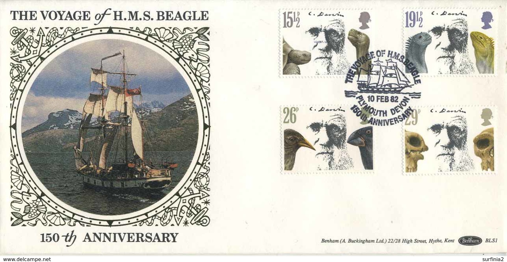 STAMPS - 1982 HMS BEAGLE FDC - PLYMOUTH POSTMARK  - BENHAM SILK - 1981-1990 Decimal Issues
