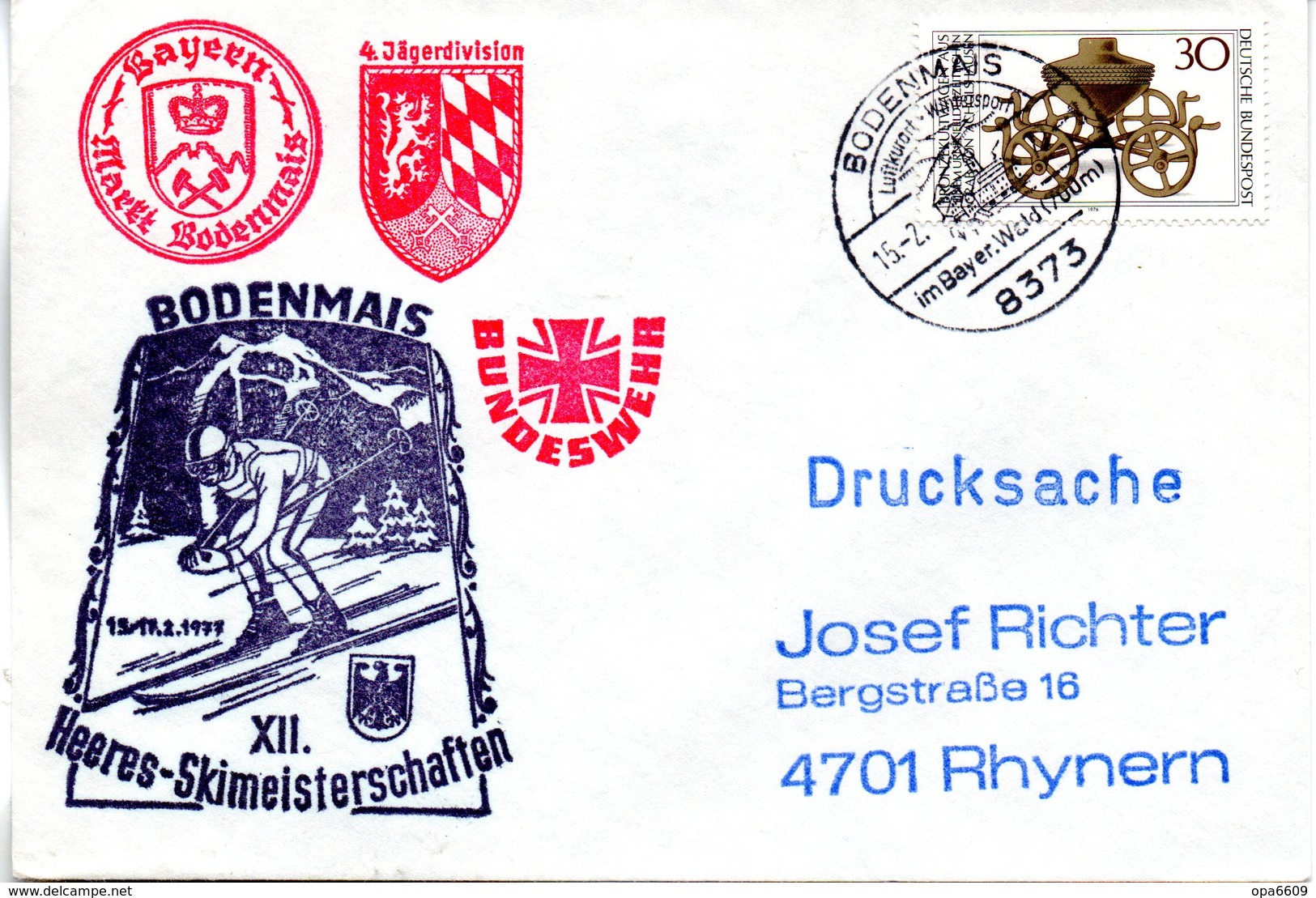 (BWH1) BRD Cachetumschlag BUNDESWEHR "XII. Heeres-Skimeisterschaften BODENMAIS 13./17.2.1977" SSt 15.2.1977 BODENMAIS - Storia Postale