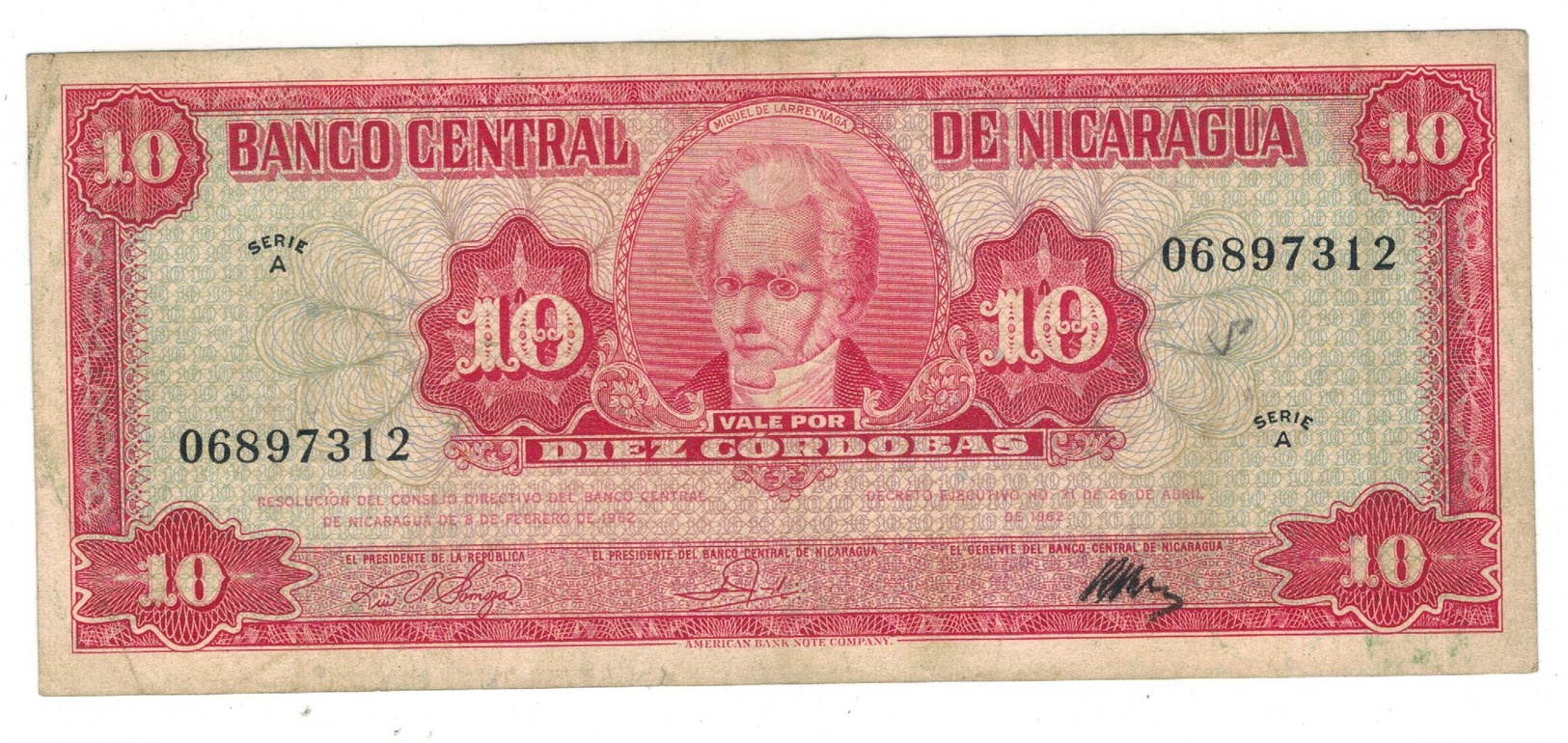 Nicaragua 10 Cordobas 1962, VF/XF. - Nicaragua