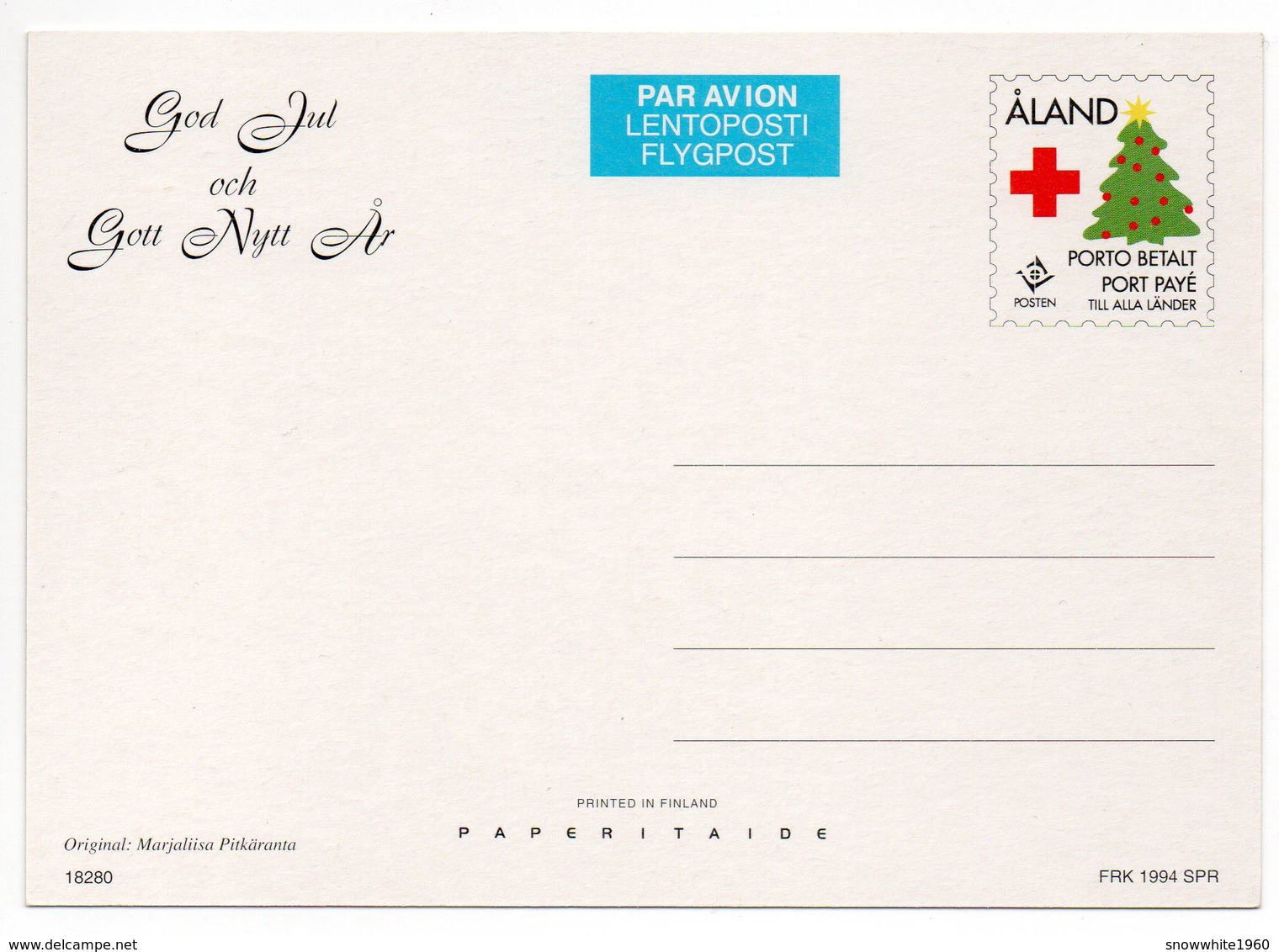 Postal Stationery RED CROSS -  ÅLAND (Finland) - 1994 -  SANTA CLAUS - REINDEER - BIRDS - ANIMALS -  Postage Paid - Entiers Postaux