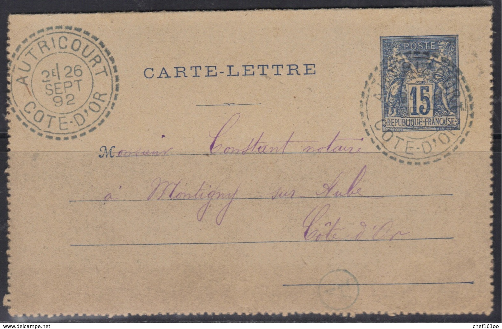 Autricourt (Cote D'Or) : Timbre à Date Des Facteurs-boitiers Sur CL, 1892. - 1877-1920: Période Semi Moderne