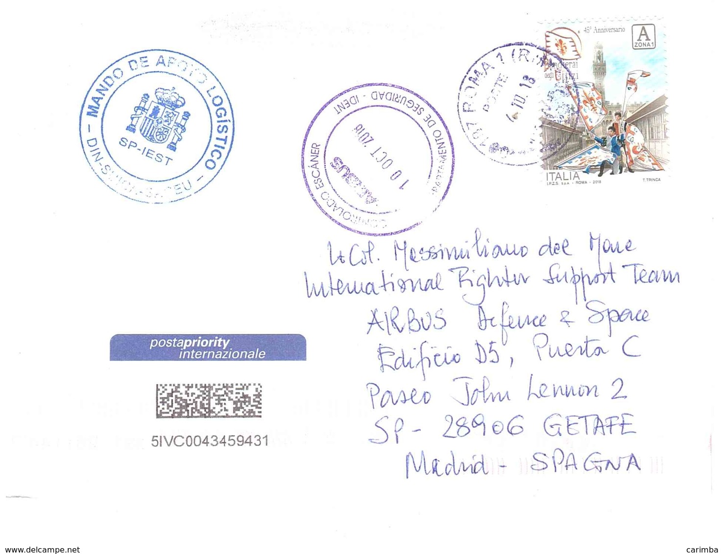 2018 TARIFFA A ZONA1 BANDIERAI DEGLI UFFIZI LETTERA X ESTERO SPAGNA - 2011-20: Storia Postale