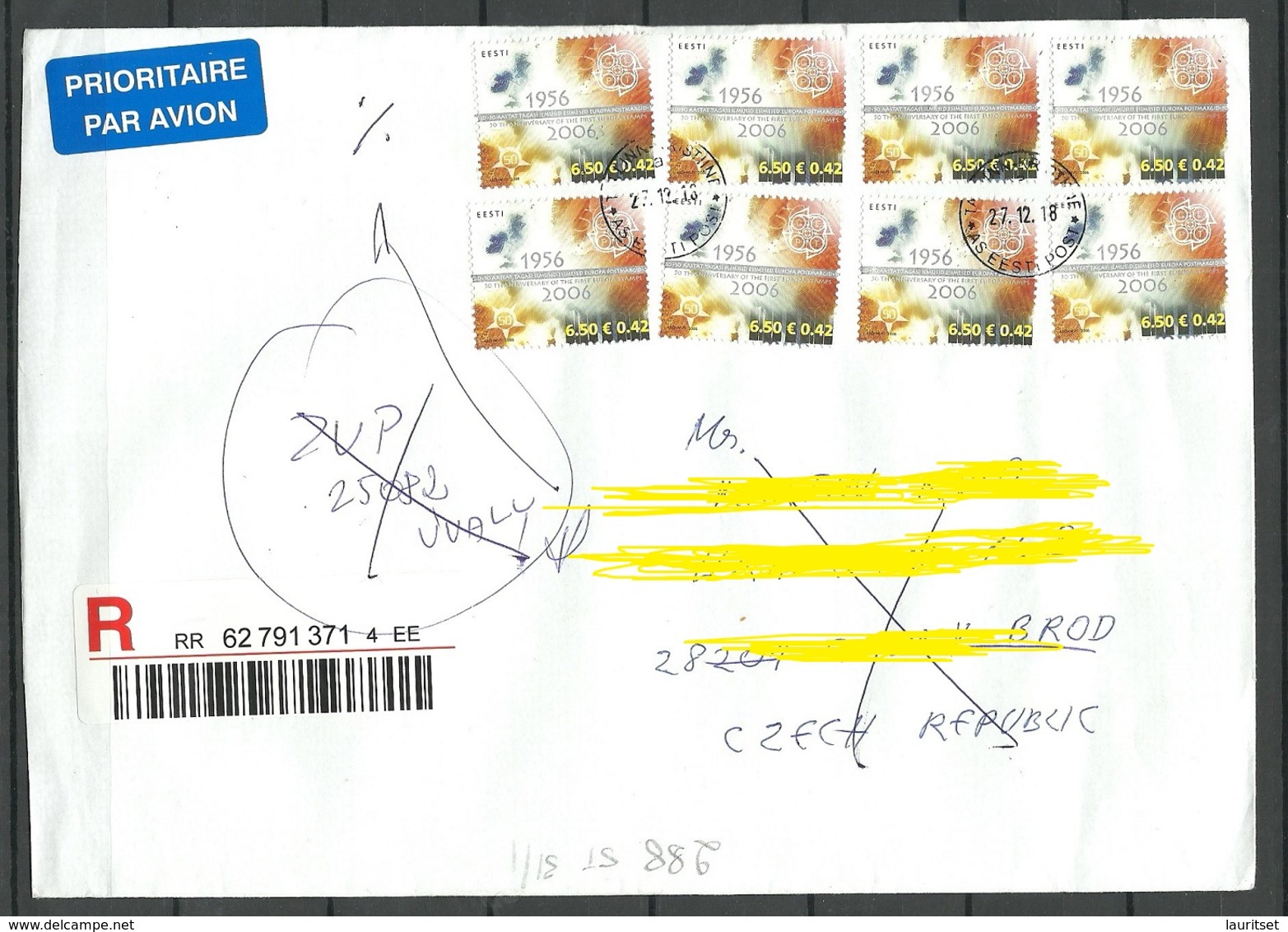 Estland 2018 Retour Zurück Registered Letter To Czech Republic Sent Back Returned - Estland