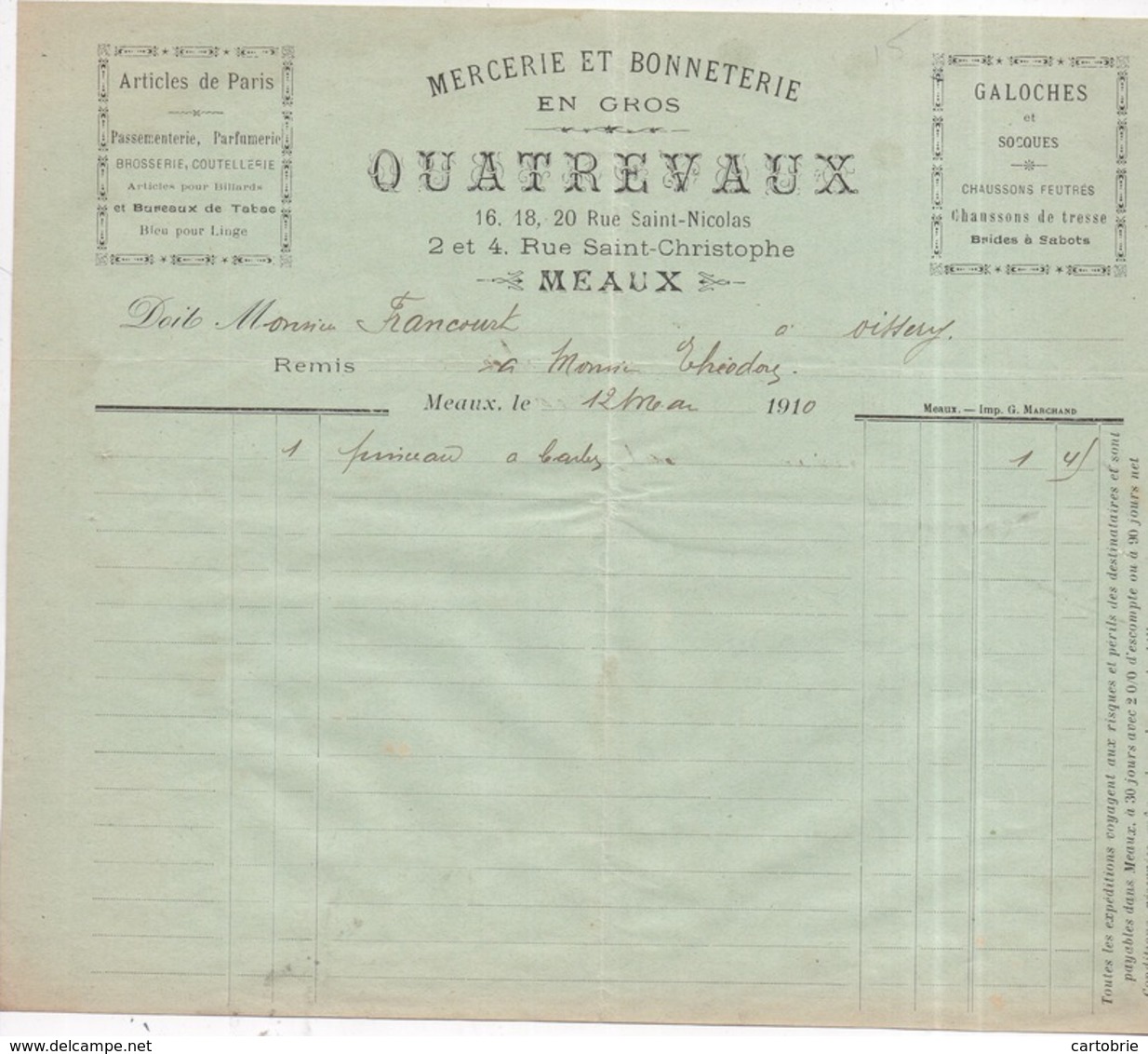 77 MEAUX - Galoches Mercerie Et Bonneterie En Gros QUATREVAUX, 16 Rue Saint-Nicolas - Facture 12 Mai 1910 - Meaux