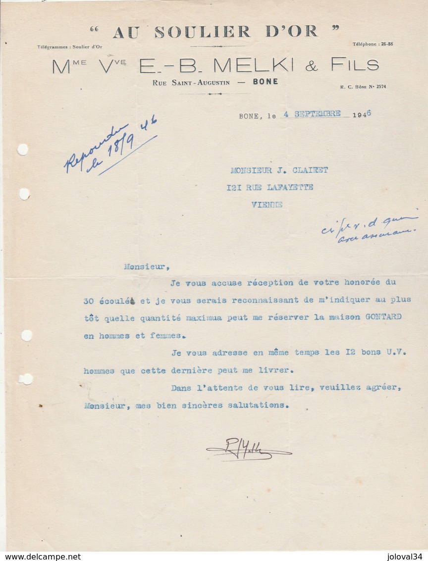 Algérie Facture Lettre 4/9/1946 MELKI Au Soulirer D' Or Chaussures BONE à Clairet Vienne - Autres & Non Classés