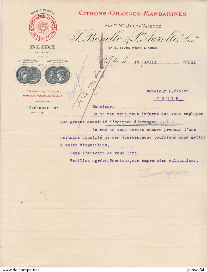 Algérie Facture Lettre Illustrée 19/4/1921 BONELLO & AUZOLLE Fruits Citrons Oranges Mandarines  BLIDA à Violet Thuir - Autres & Non Classés