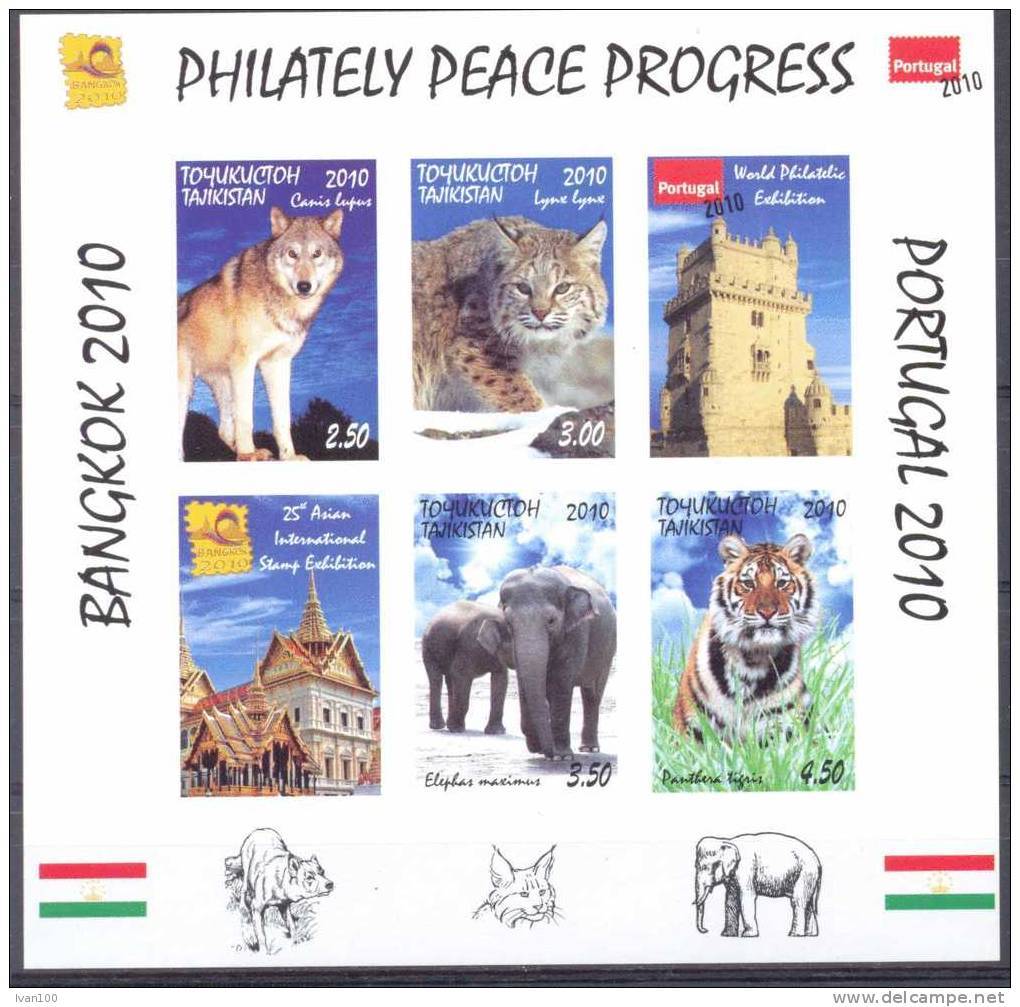 2010. Tajikistan, Philatelic Exhibition, Fauna, Sheetlet IMPERFORATED, Mint/** - Tajikistan