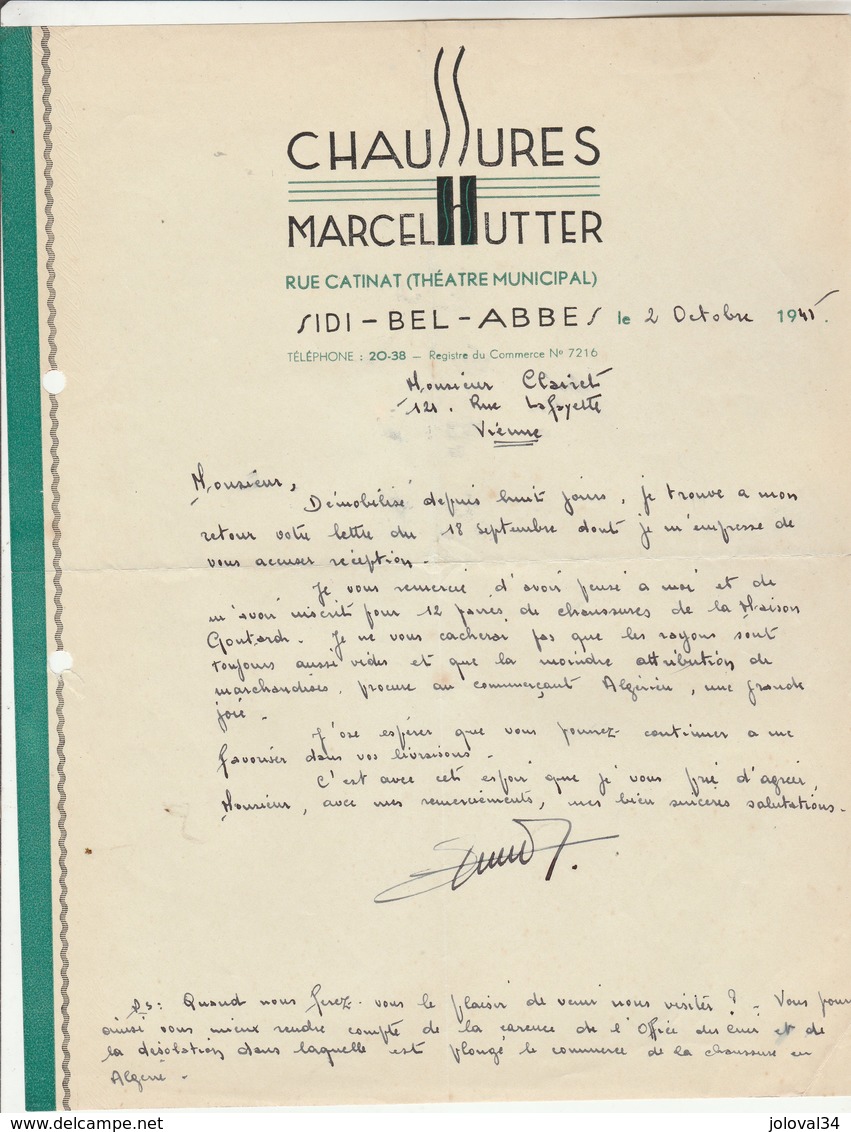 Algérie Facture Lettre 2/10/1945 Marcel HUTTER Chaussures SIDI BEL ABBES à Clairet Vienne - Autres & Non Classés