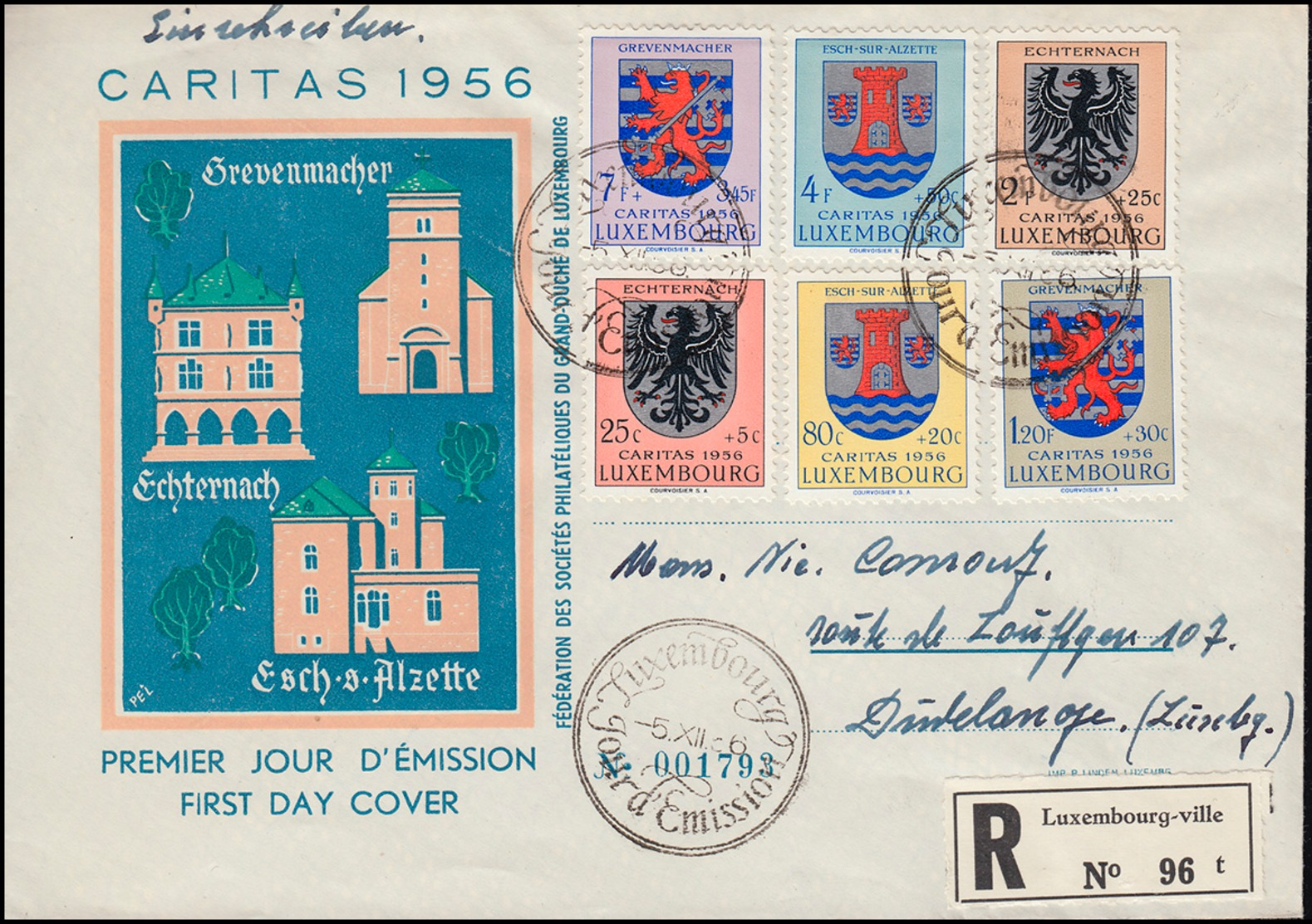 Luxemburg 561-566 Caritas Kantonalwappen, Satz Auf Schmuck-R-FDC 5.12.56 - Andere & Zonder Classificatie