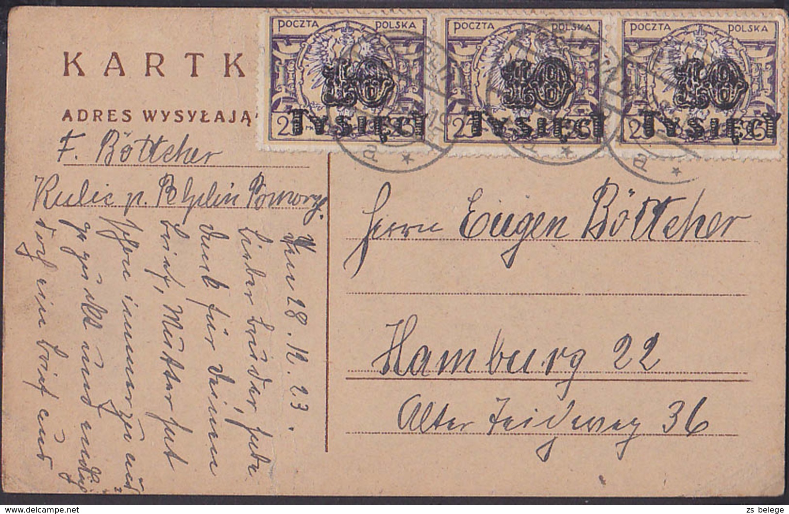 Polska Postcard PELPLIN Pomarze 18.12.23 Inflation 10 Tausend Auf 25 (3) Nach Hamburg, MiNr. 185 - Briefe U. Dokumente