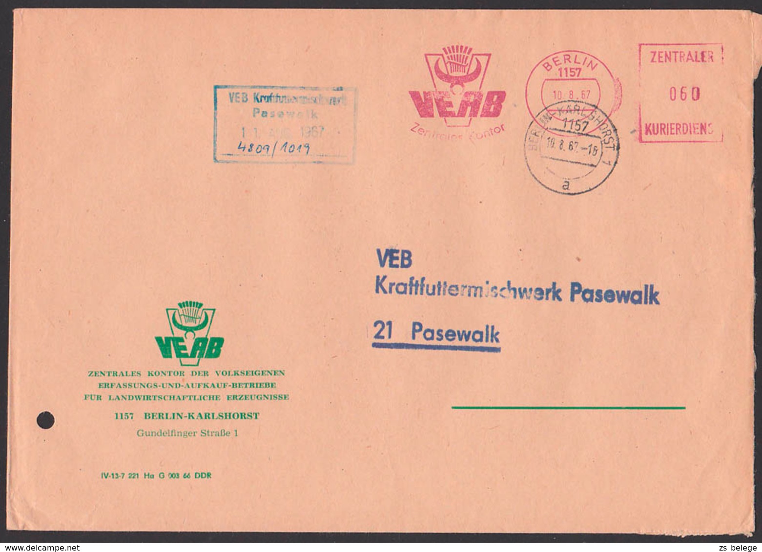 BERLIN-KARLSHORST VEB Zentrales Kontor, 2 ZKD-Briefe Mit AFS =060= Nach Altentreptow Bzw. Pasewalk Kraftfutter - Sonstige & Ohne Zuordnung