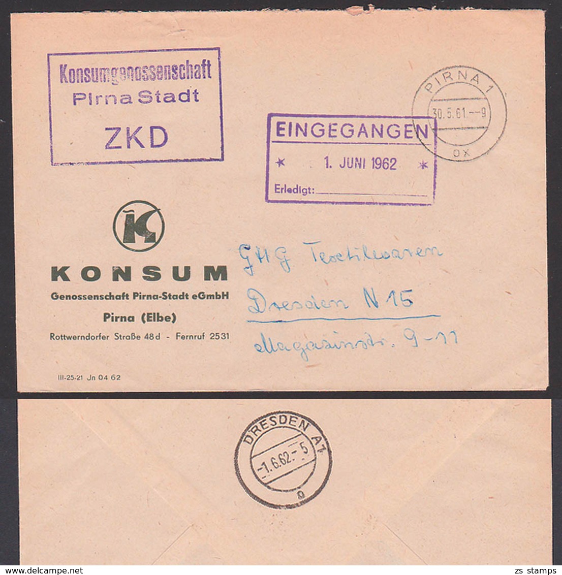 Pirna Kastenst. Konsumgenossenschaft DDR ZKD, Zentraler Kurierdienst Der DDR, Pirna 30.5.61 - Autres & Non Classés