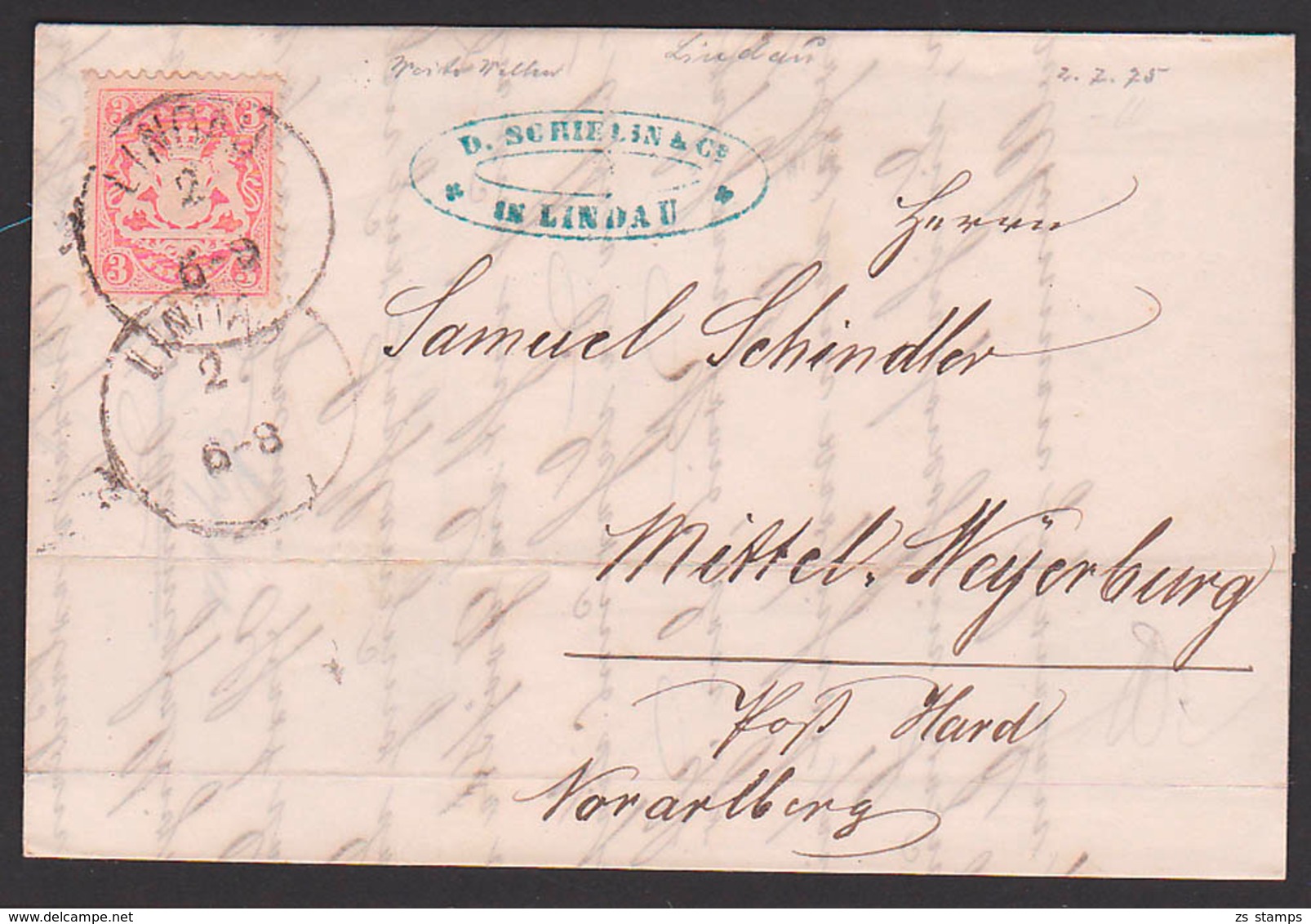 LINDAU Bayern Faltbrief 2.2.1875 Mit 3 Kr. Gez. Nach Mittel-Meyerburg Post Hard Voralberg - Andere & Zonder Classificatie